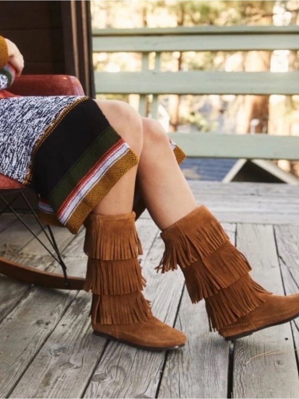 Minnetonka 3 Layer Fringed Suede Mid-Calf Boots - Brown. Size 7
